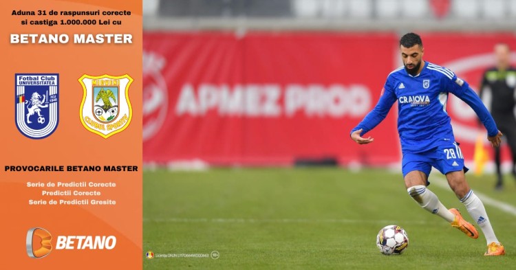 FCU Craiova 1948 – CS Mioveni, meciul zilei de luni în play out, se joacă și cu Betano Master