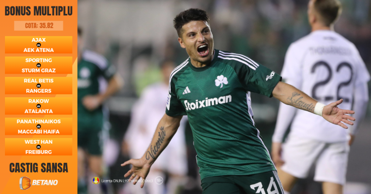 Cota peste 35 pe șase meciuri din Liga Europa și un Bonus Multiplu oferit de Betano. Te-a scos un meci? Cu oferta Câștig Șansă ai miza înapoi